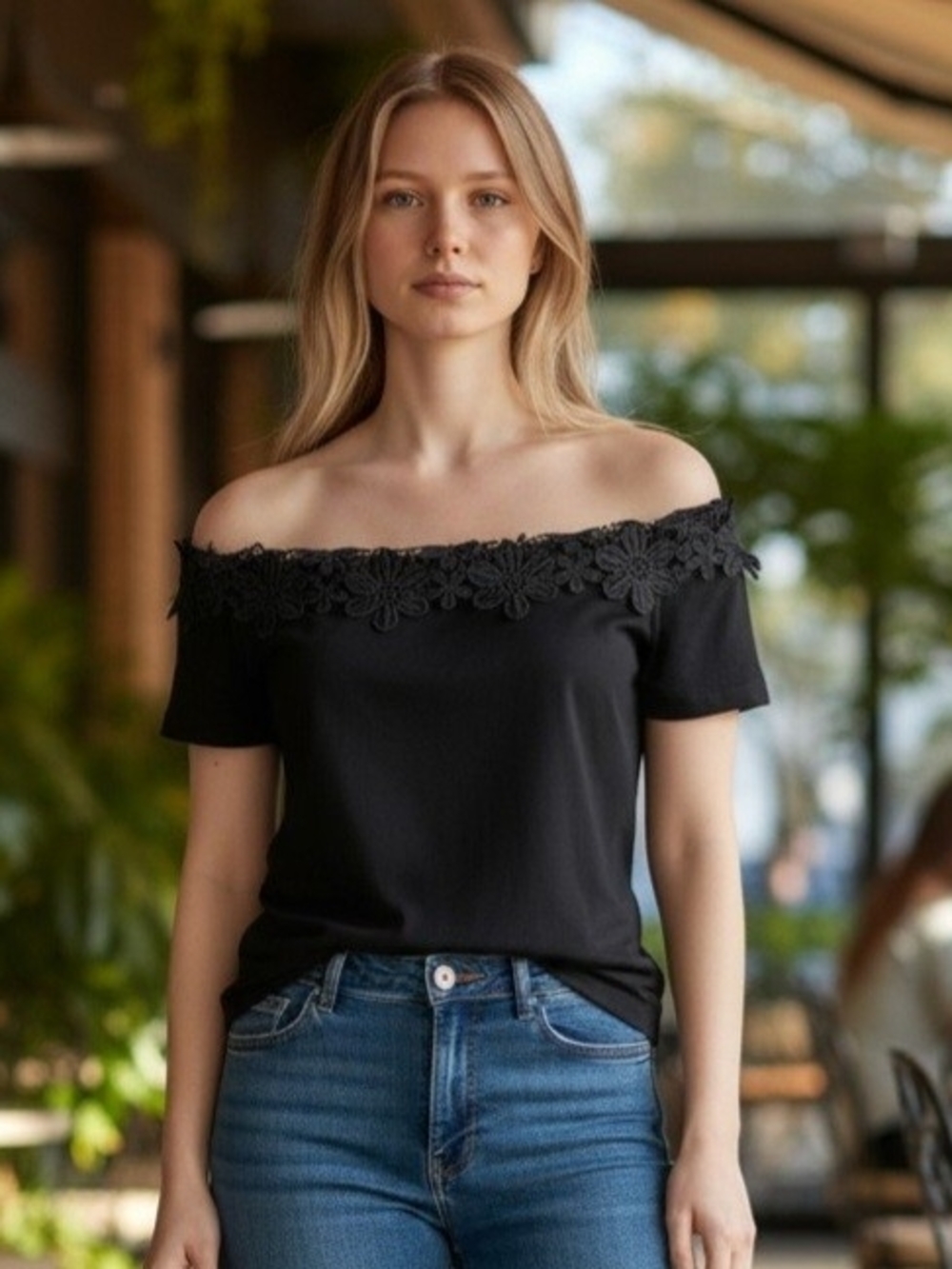 Off-Shoulder Black Top with Floral Lace Trim